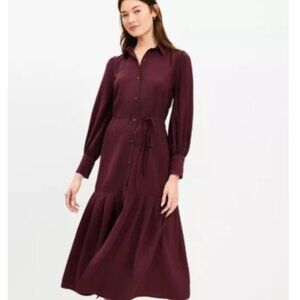 LOFT Burgundy Pleated Tie Waist Midi Shirtdress Size 6P NWT